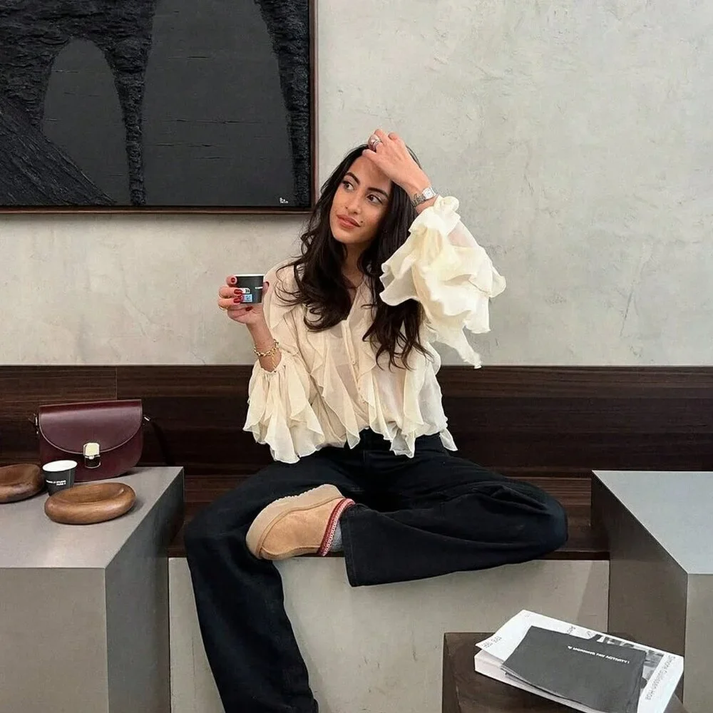 Tan Casual Women's Ruffle Trim Lantern Blouse Shirt - Picture 4 of 10